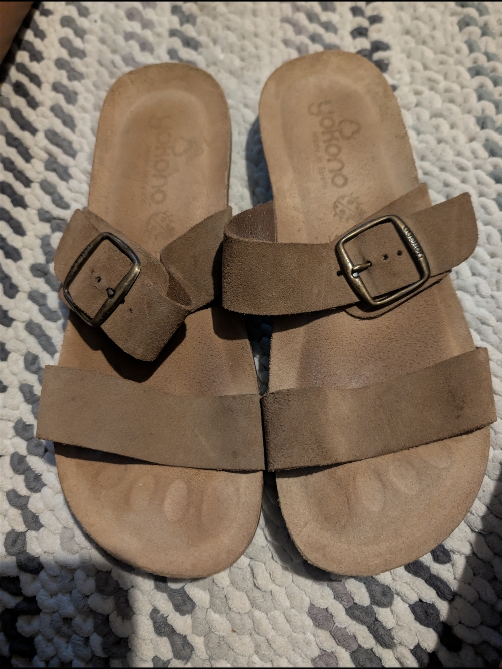 Tan Suede Double Strap Slide Sandals with Buckles